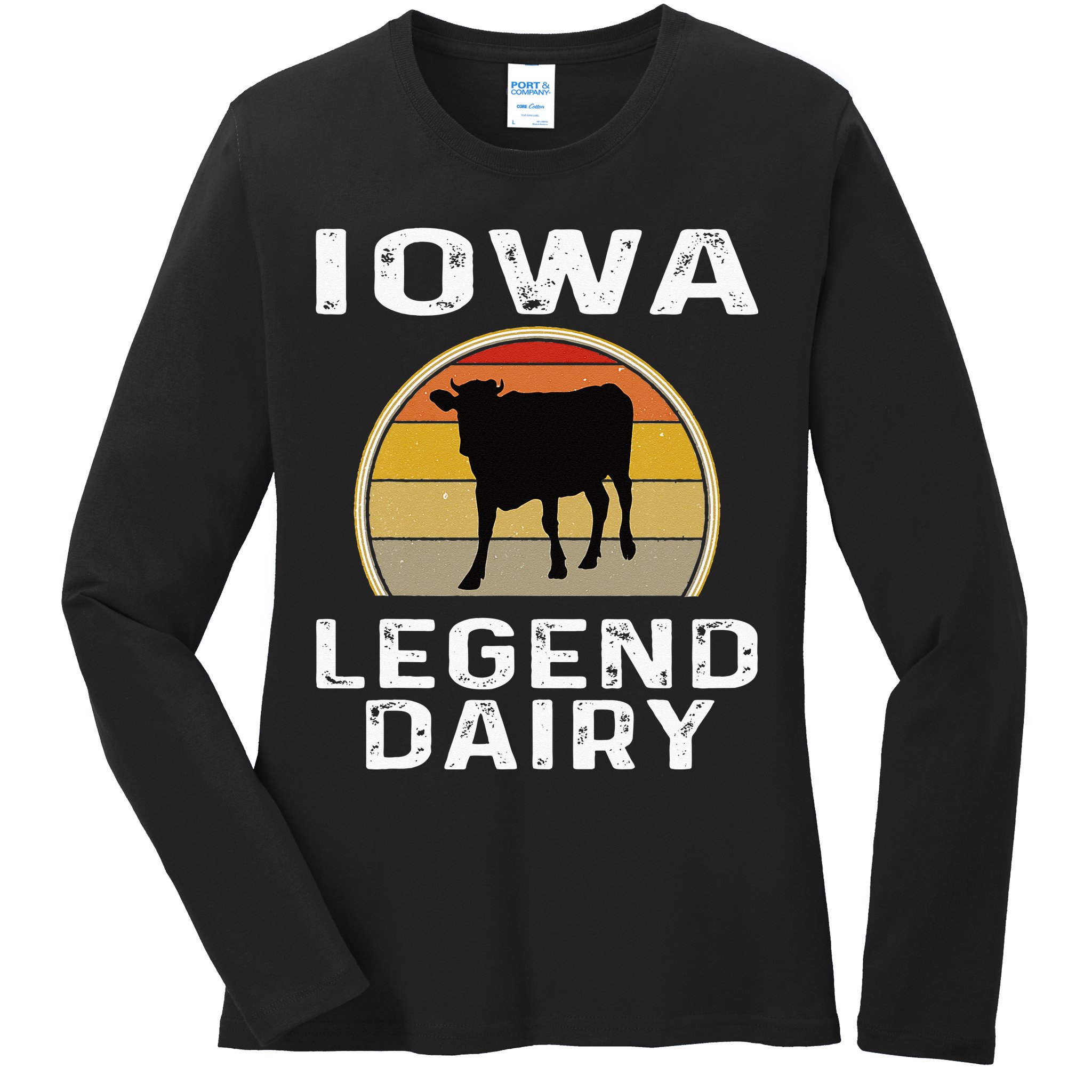 Iowa Dairy Farmer Legend Dairy Cow Cattle Funny Retro Sunset Ladies Long Sleeve Shirt