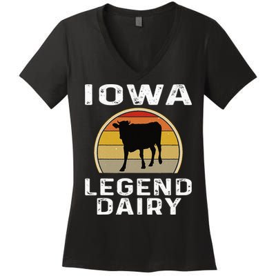 Iowa Dairy Farmer Legend Dairy Cow Cattle Funny Retro Sunset Women's V-Neck T-Shirt