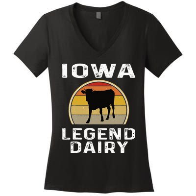 Iowa Dairy Farmer Legend Dairy Cow Cattle Funny Retro Sunset Women's V-Neck T-Shirt