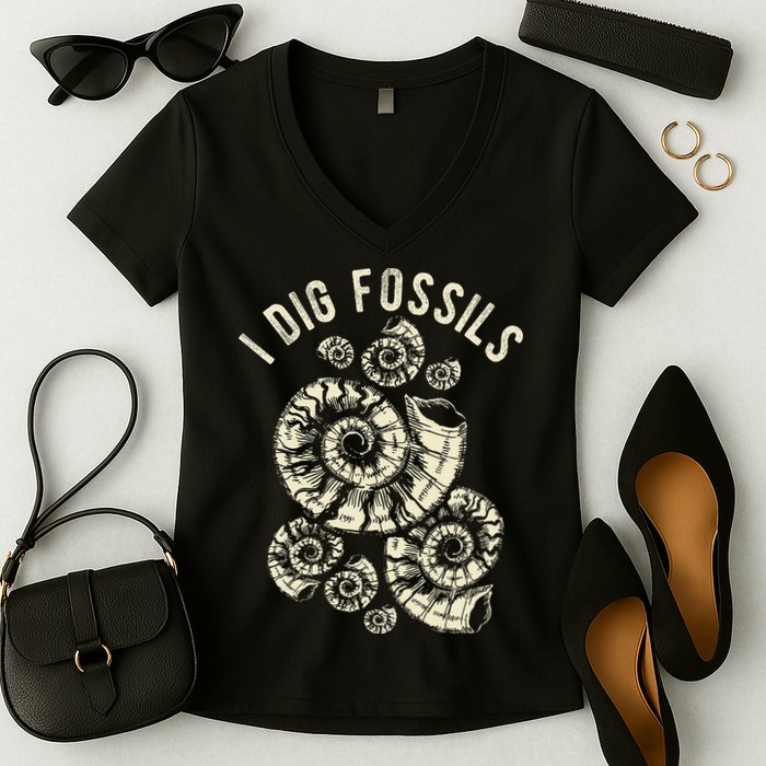 I Dig Fossils Ammonite Fossil Women's V-Neck T-Shirt