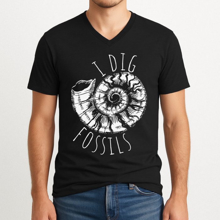 I Dig Fossils Ammonite Fossil Paleontology V-Neck T-Shirt