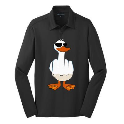 I DonT Give A Duck Funny Middle Finger Offensive Rude Duck Silk Touch Performance Long Sleeve Polo