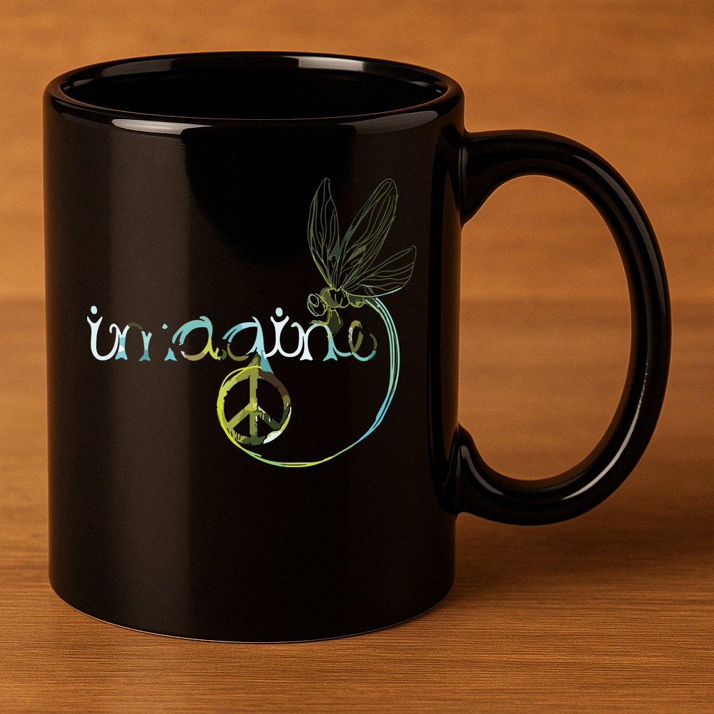 Imagine Dragonfly Hippie Peace Sign Tie Dye Free Spirited 11oz C Handle Ceramic Mug