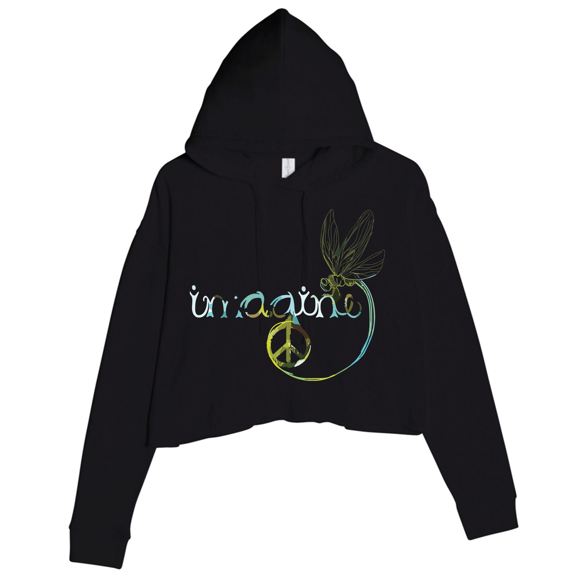 Imagine Dragonfly Hippie Peace Sign Tie Dye Free Spirited Crop Fleece Hoodie