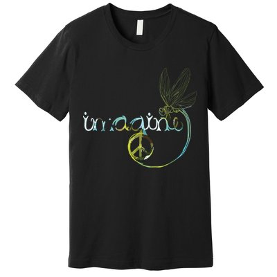 Imagine Dragonfly Hippie Peace Sign Tie Dye Free Spirited Premium T-Shirt