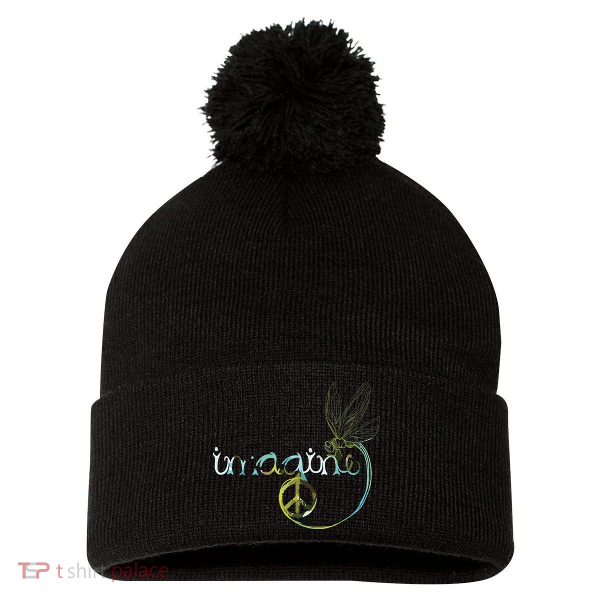 Imagine Dragonfly Hippie Peace Sign Tie Dye Free Spirited Pom Pom 12in Knit Beanie