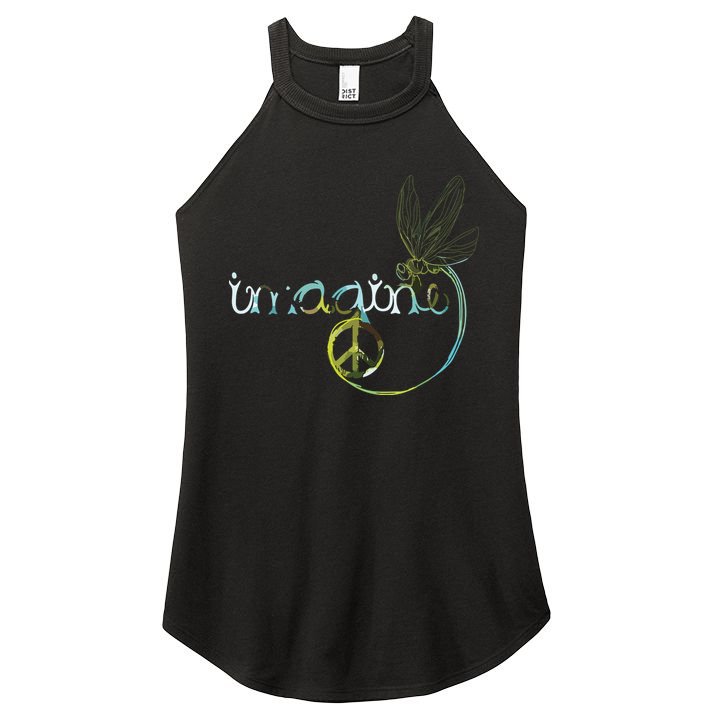 Imagine Dragonfly Hippie Peace Sign Tie Dye Free Spirited Women's Perfect Tri Rocker Tank