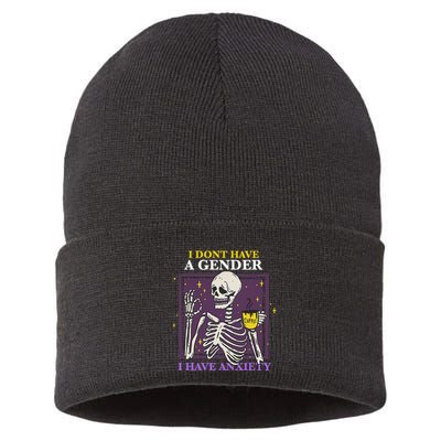 I DonT Have A Gender I Have Anxiety Nonbinary Enby Skeleton Sustainable Knit Beanie