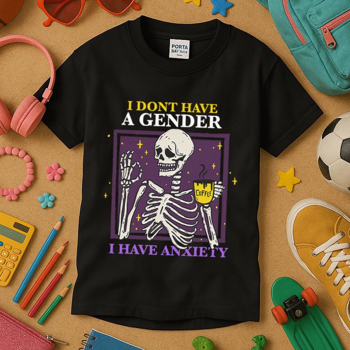 I DonT Have A Gender I Have Anxiety Nonbinary Enby Skeleton Kids T-Shirt