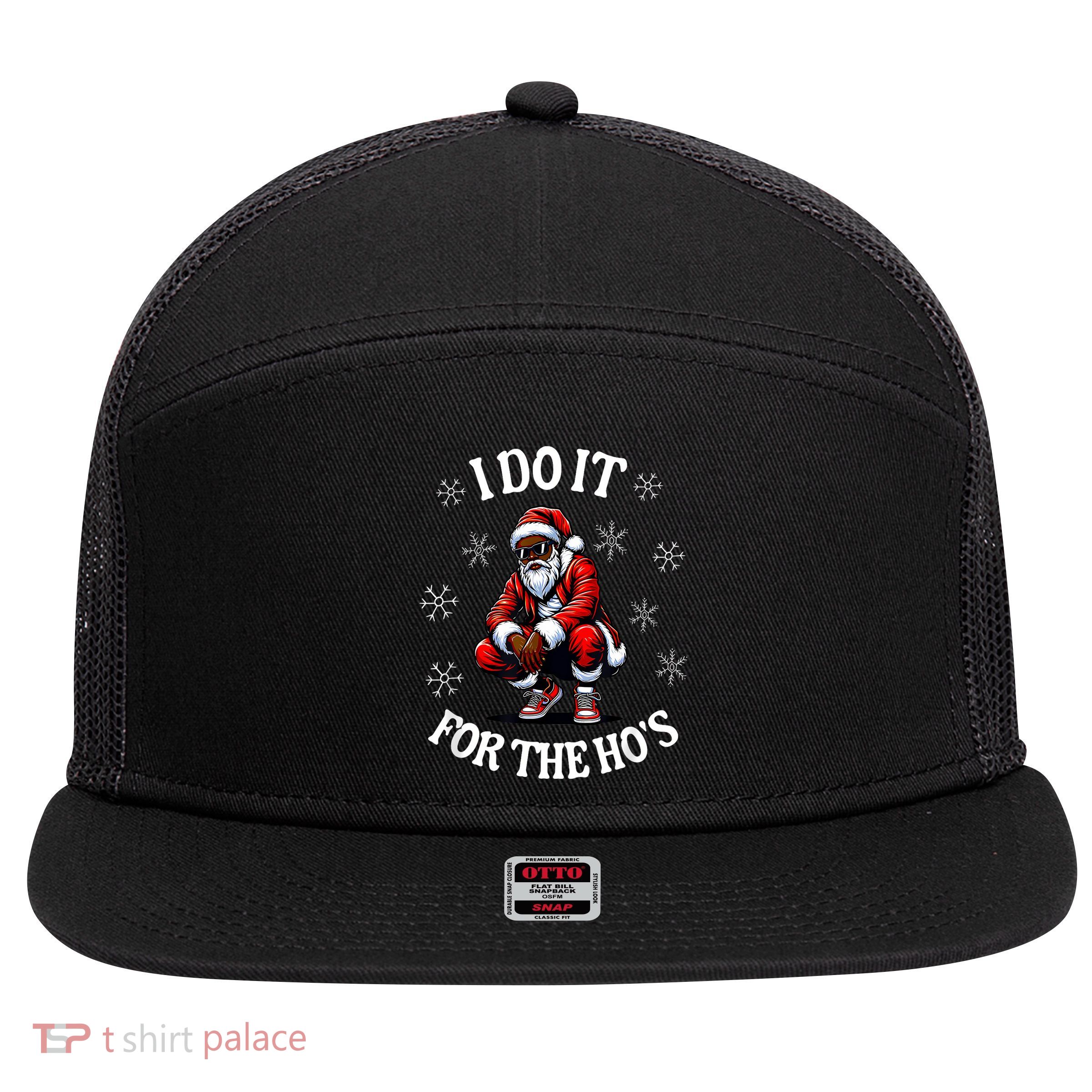 I Do It For The Hos African American Christmas Afro Santa 7 Panel Mesh Trucker Snapback Hat