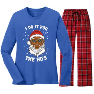 I Do It For The Hos Christmas African American Santa Black Gift Women's Long Sleeve Flannel Pajama Set 