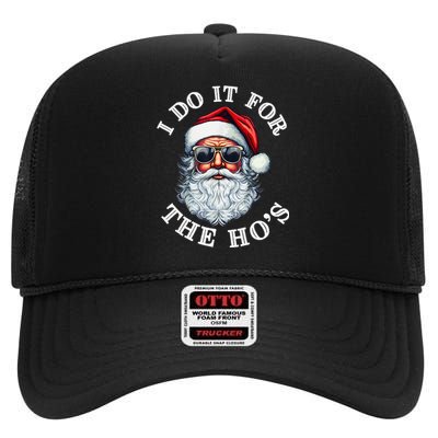 I Do It For The Hos Funny Inappropriate Christmas Santa Face High Crown Mesh Back Trucker Hat