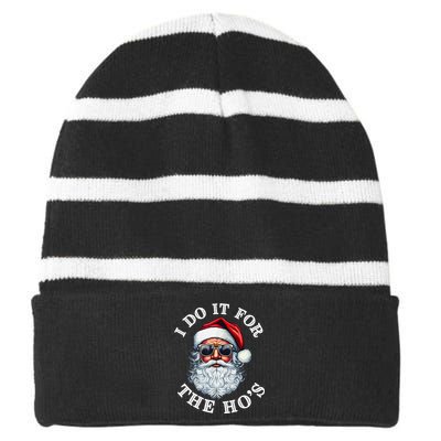 I Do It For The Hos Funny Inappropriate Christmas Santa Face Striped Beanie with Solid Band