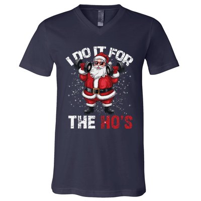 I Do It For The Hos Funny Christmas Santa Lifting Dumbbells V-Neck T-Shirt