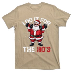 I Do It For The Hos Funny Christmas Santa Lifting Dumbbells T-Shirt