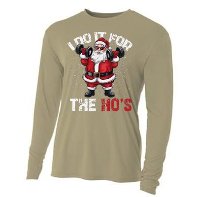 I Do It For The Hos Funny Christmas Santa Lifting Dumbbells Cooling Performance Long Sleeve Crew