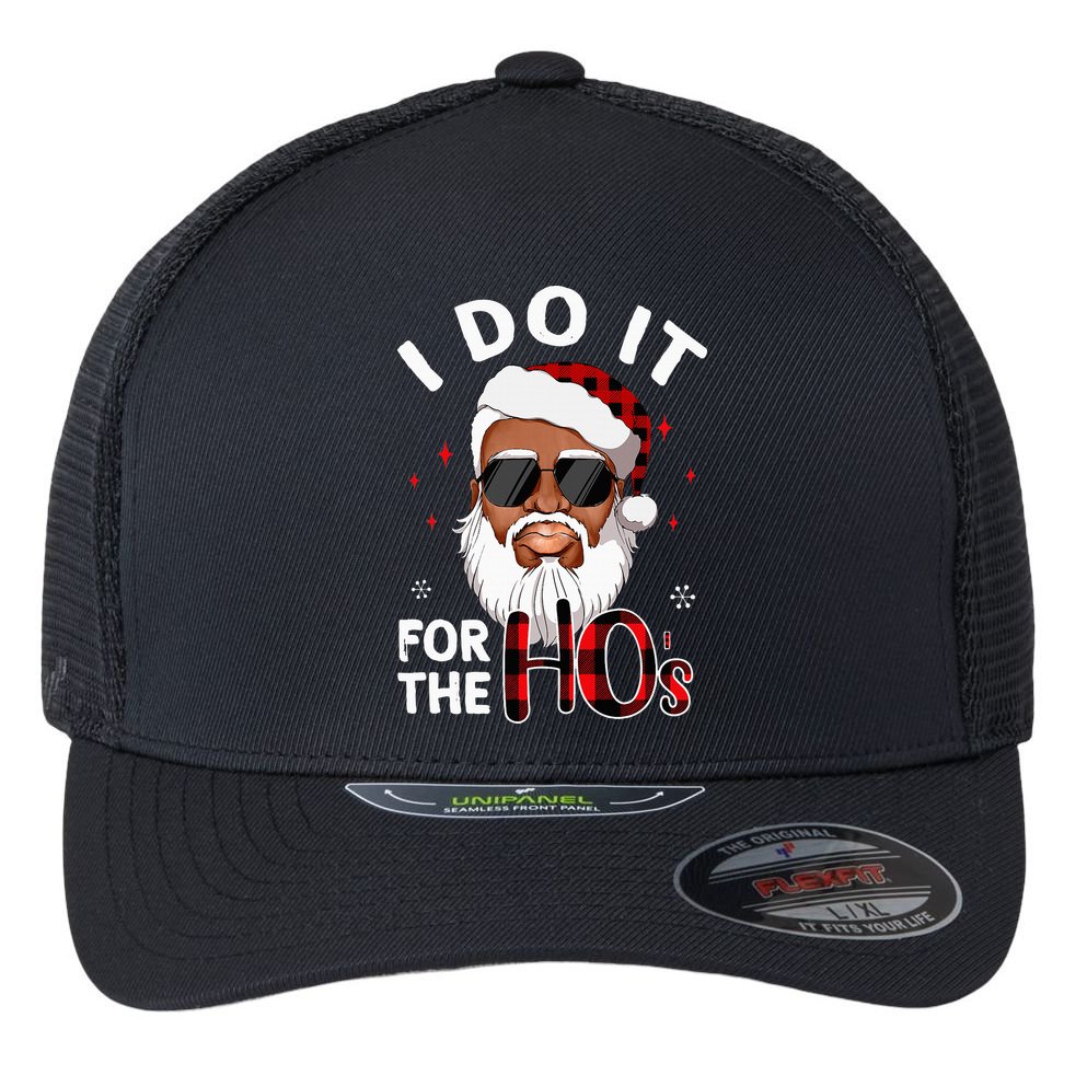 I Do It For The Hos Christmas African American Santa Black Flexfit Unipanel Trucker Cap