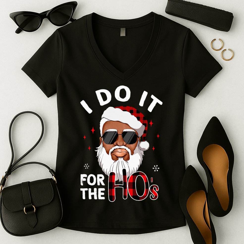 I Do It For The Hos Christmas African American Santa Black Women's V-Neck T-Shirt
