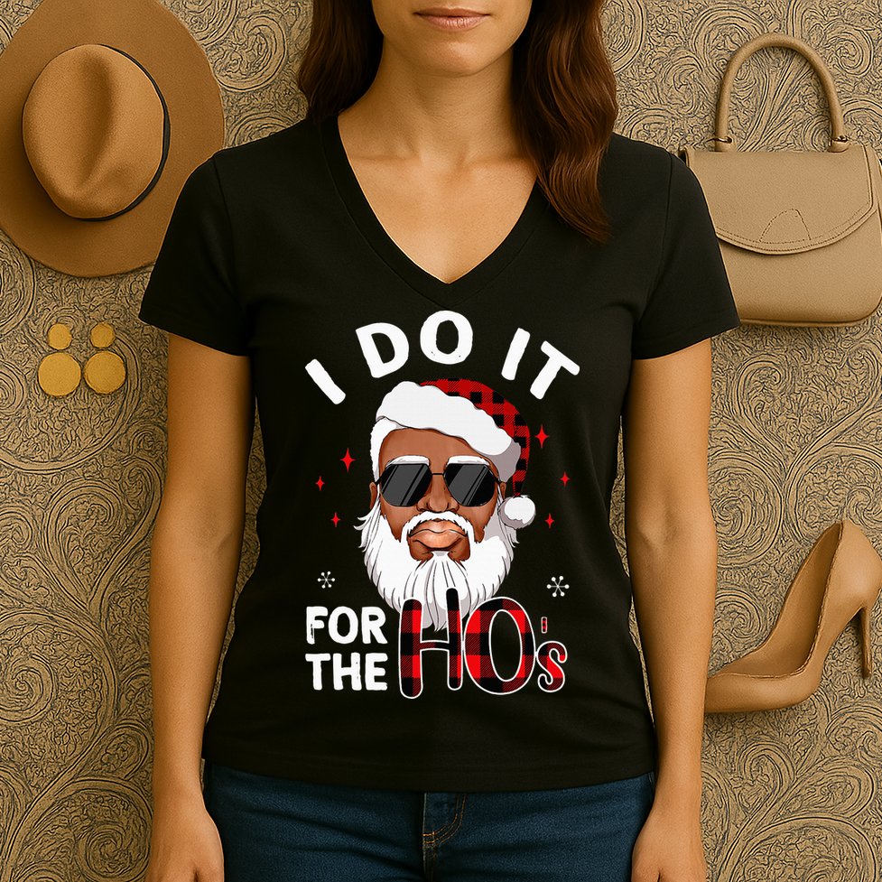 I Do It For The Hos Christmas African American Santa Black Women's V-Neck T-Shirt