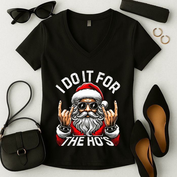 I Do It For The Hos Funny Inappropriate Christmas Santa Women's V-Neck T-Shirt