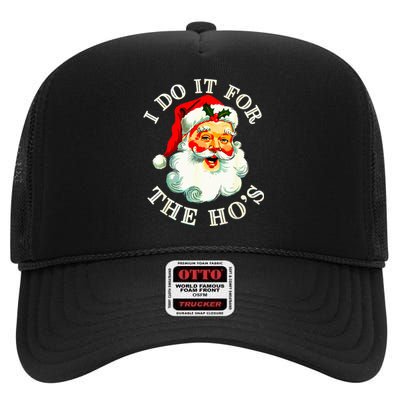 I Do It For The Hos Funny Inappropriate Christmas Santa Face High Crown Mesh Back Trucker Hat