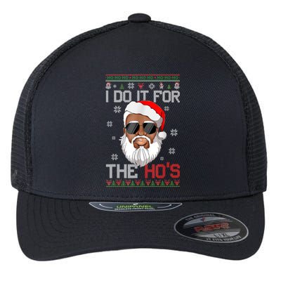 I Do It For The Hos Christmas African American Santa Black Flexfit Unipanel Trucker Cap