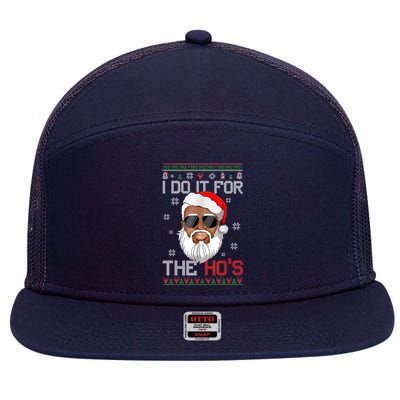 I Do It For The Hos Christmas African American Santa Black 7 Panel Mesh Trucker Snapback Hat