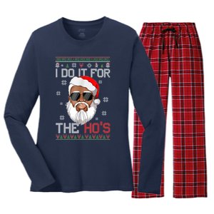 I Do It For The Hos Christmas African American Santa Black Women's Long Sleeve Flannel Pajama Set 