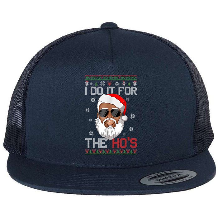 I Do It For The Hos Christmas African American Santa Black Flat Bill Trucker Hat