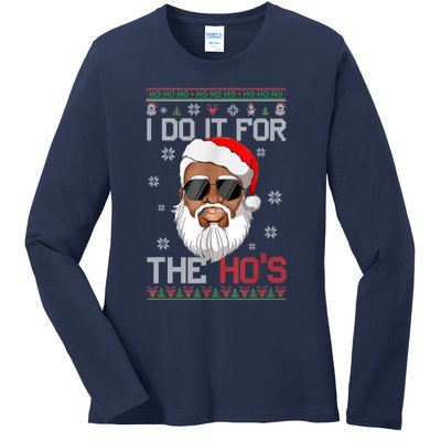 I Do It For The Hos Christmas African American Santa Black Ladies Long Sleeve Shirt