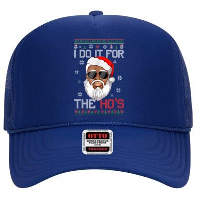 I Do It For The Hos Christmas African American Santa Black High Crown Mesh Back Trucker Hat