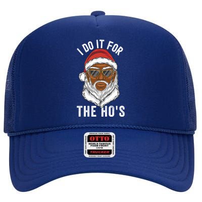 I Do It For The Hos Christmas African American Santa Black High Crown Mesh Back Trucker Hat