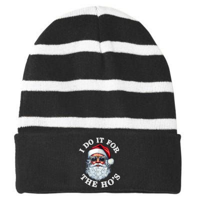 I Do It For The Hos Funny Inappropriate Christmas Santa Face Striped Beanie with Solid Band