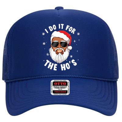 I Do It For The Hos Christmas African American Santa Black High Crown Mesh Back Trucker Hat