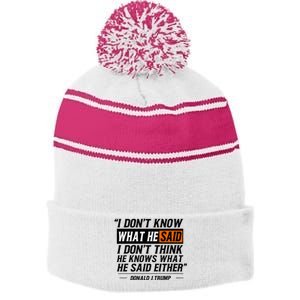 I Don’T Know What He Just Said Funny Quote Design Stripe Pom Pom Beanie