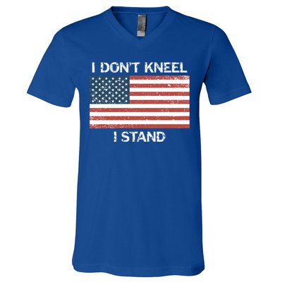 I Don't Kneel I Stand Usa Flag Faded Patriotic Gift V-Neck T-Shirt