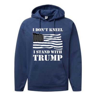 I Don't Kneel I Stand With Trump Tee Usa Flag Gift Black Performance Fleece Hoodie