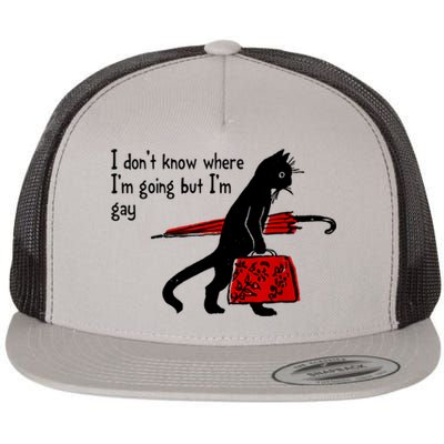 I Don't Know Where I'm Going But I'm Gay Funny Black Cat Flat Bill Trucker Hat