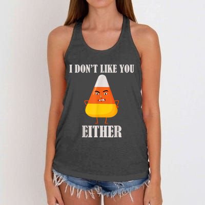 I Don't Like You Either Funny Halloween Candy Corn Women's Knotted Racerback Tank