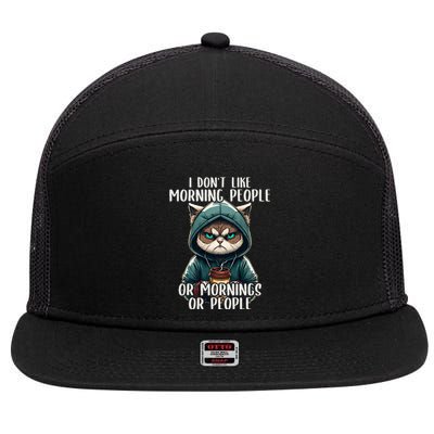 I Dont Like Morning People Coffee & Sarcastic Cat Grumpy 7 Panel Mesh Trucker Snapback Hat