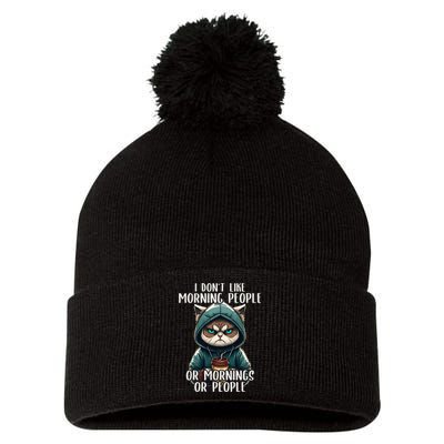 I Dont Like Morning People Coffee & Sarcastic Cat Grumpy Pom Pom 12in Knit Beanie