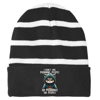 I Dont Like Morning People Coffee & Sarcastic Cat Grumpy Striped Beanie with Solid Band