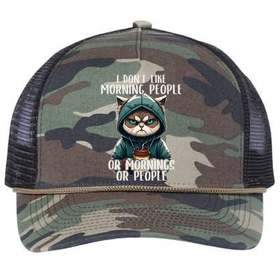 I Dont Like Morning People Coffee & Sarcastic Cat Grumpy Retro Rope Trucker Hat Cap