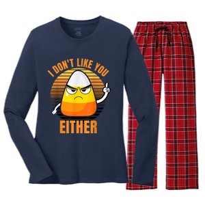 I Don't Like You Either Funny Candy Corn Halloween Women's Long Sleeve Flannel Pajama Set 