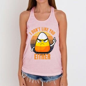 I Don't Like You Either Funny Candy Corn Halloween Women's Knotted Racerback Tank