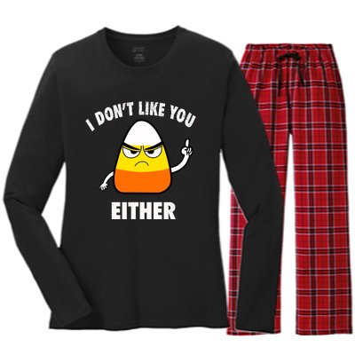 I Don't Like You Either Funny Halloween Candy Corn Women's Long Sleeve Flannel Pajama Set 