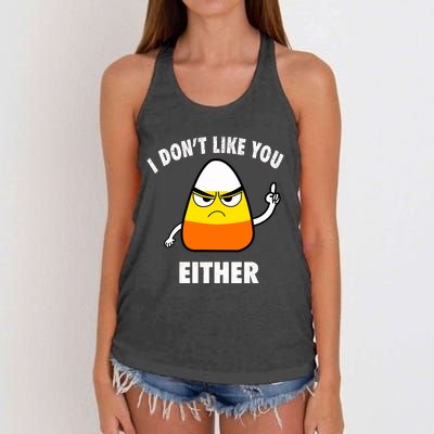 I Don't Like You Either Funny Halloween Candy Corn Women's Knotted Racerback Tank