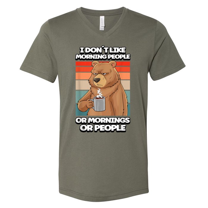 I Dont Like Morning People Bear Coffee Funny Vintage V-Neck T-Shirt