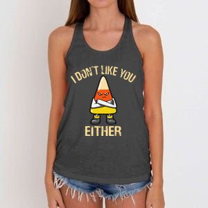 i don't like you either candy corn Women's Knotted Racerback Tank