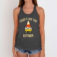 i don't like you either candy corn Women's Knotted Racerback Tank